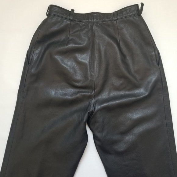 27x29 Vakko Vintage 6 Black Leather High Waisted Pleated Pants 80s Made in USA - Picture 6 of 10